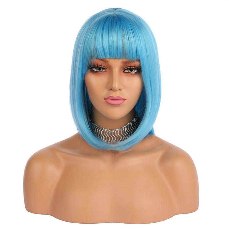 eNilecor Short Bob Hair Wigs 12" Straight with Flat Bangs Synthetic Colorful Cosplay Daily Party Wig for Women Natural As Real Hair+ Free Wig Cap (Blue) - Image 2